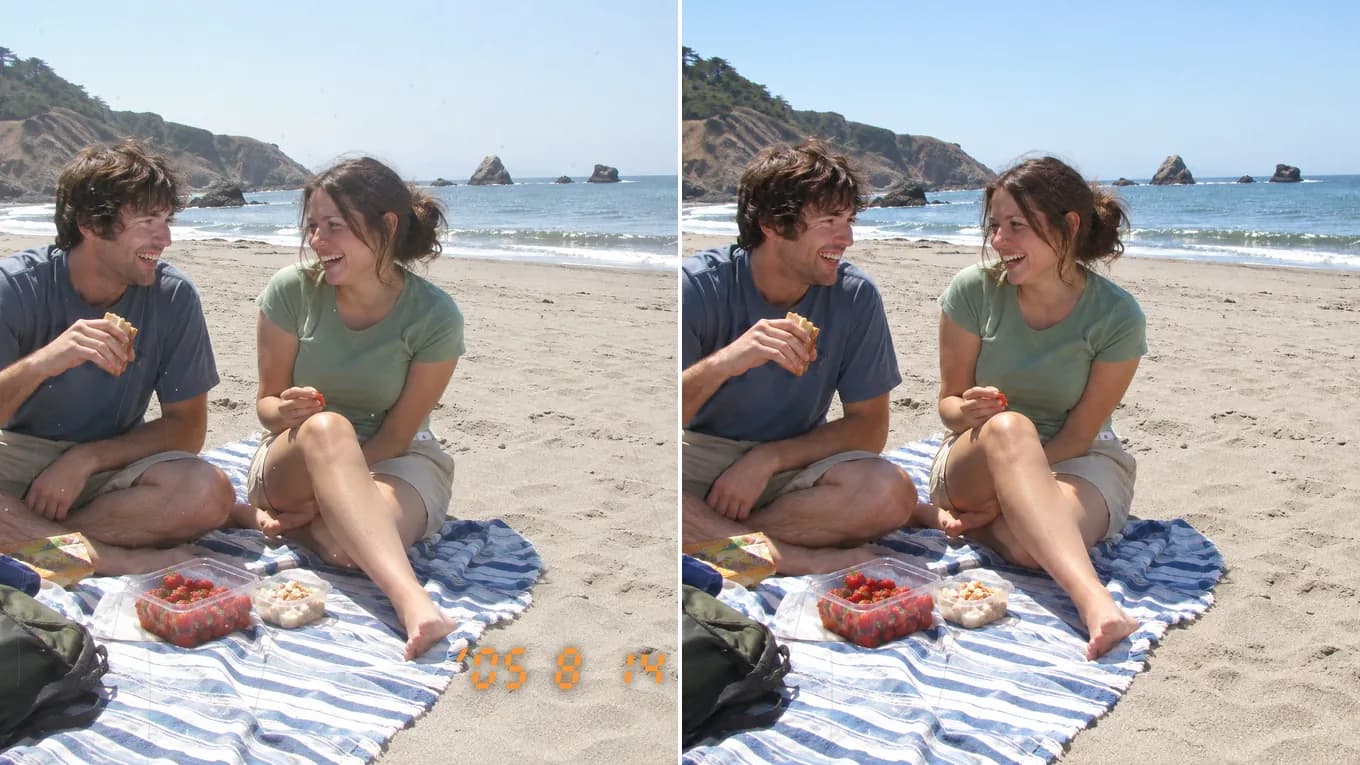 Before and after removing an orange date stamp from a beach snapshot