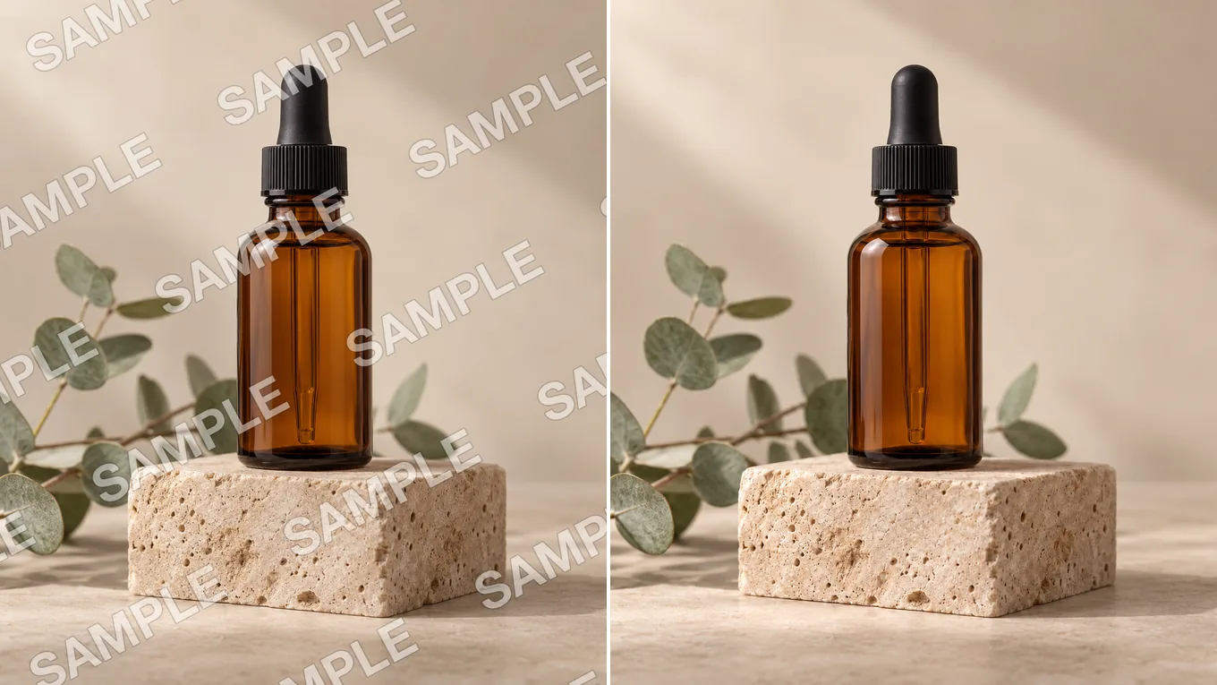 Before and after removing a tiled SAMPLE overlay from a product photo