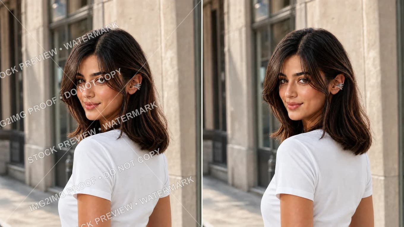 Before and after removing tiled watermark text from street portrait