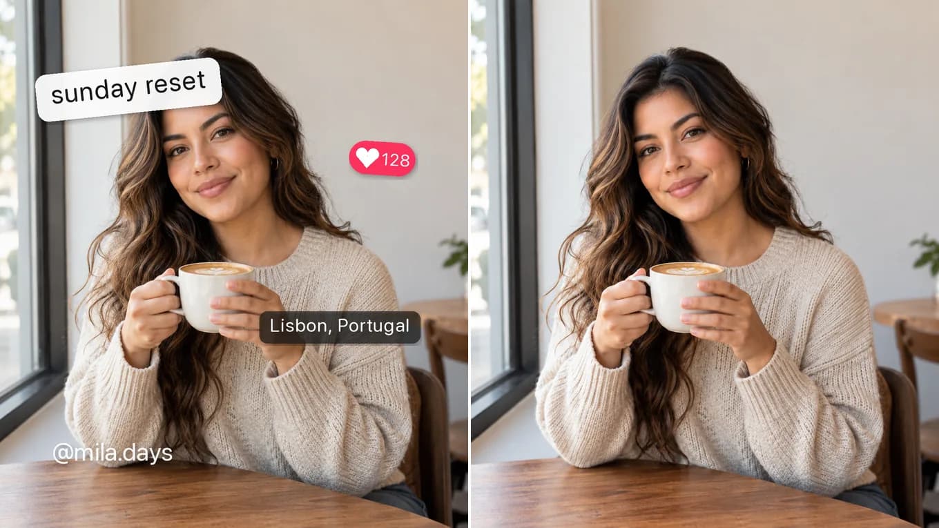 Before and after removing social media stickers and captions from a café portrait